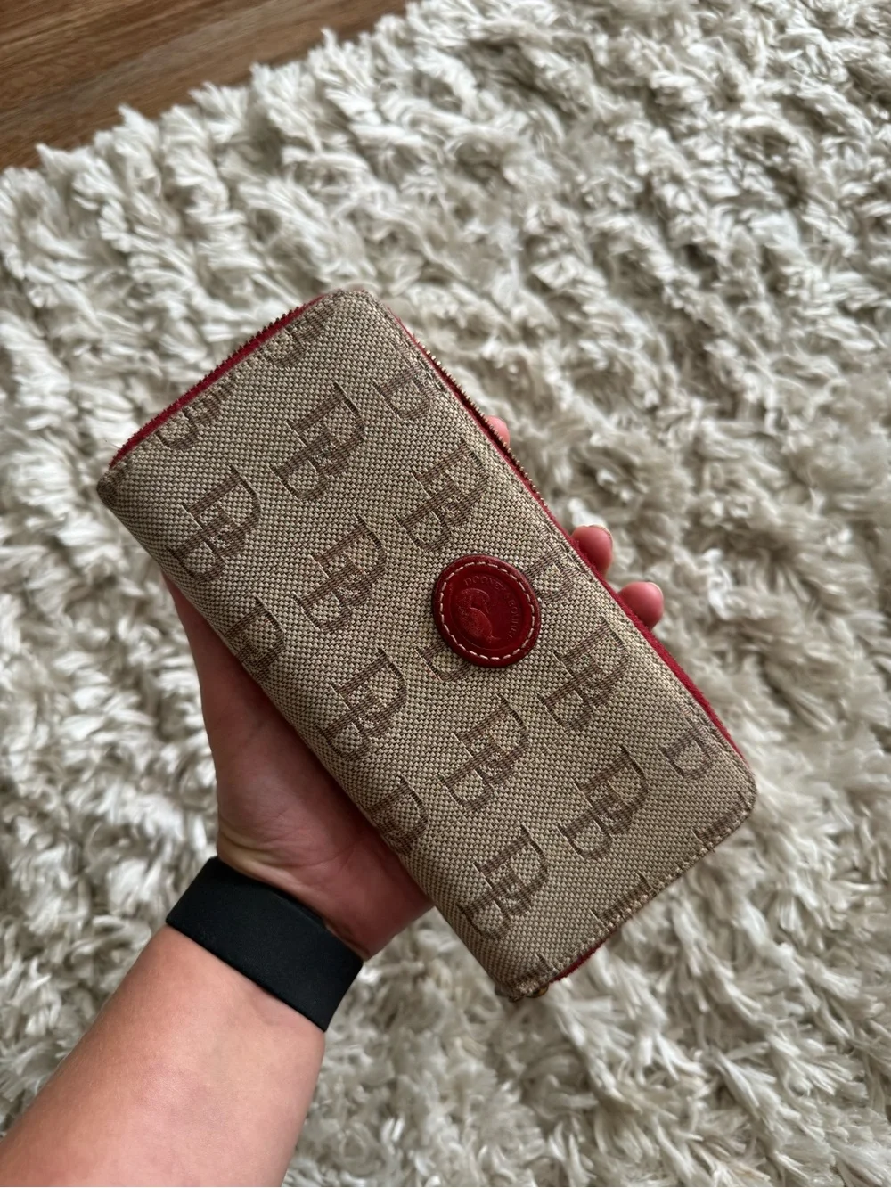 Dooney & Bourke Beige Canvas Wallet with Red Trim